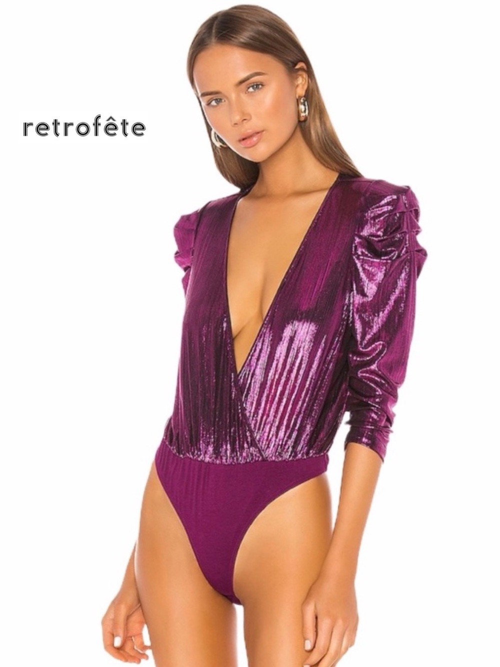 Retrofête Jophiel Metallic Plunge Puff Sleeve Bodysuit Magenta Purple M Festive